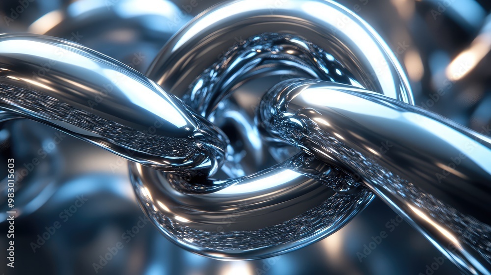 Poster a metallic 3d knot twisting through space, reflecting light from all angles.