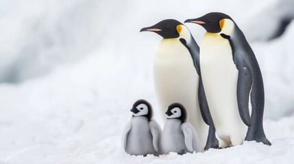 Fototapeta premium Emperor penguin parents watch over their adorable, downy chicks.