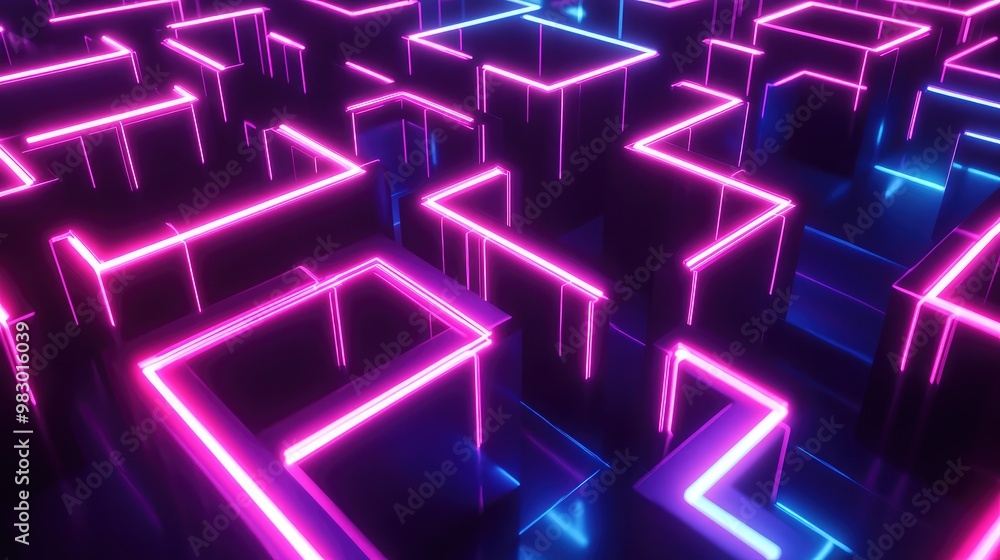 Poster a rotating 3d cube maze, with glowing neon lines tracing its edges.