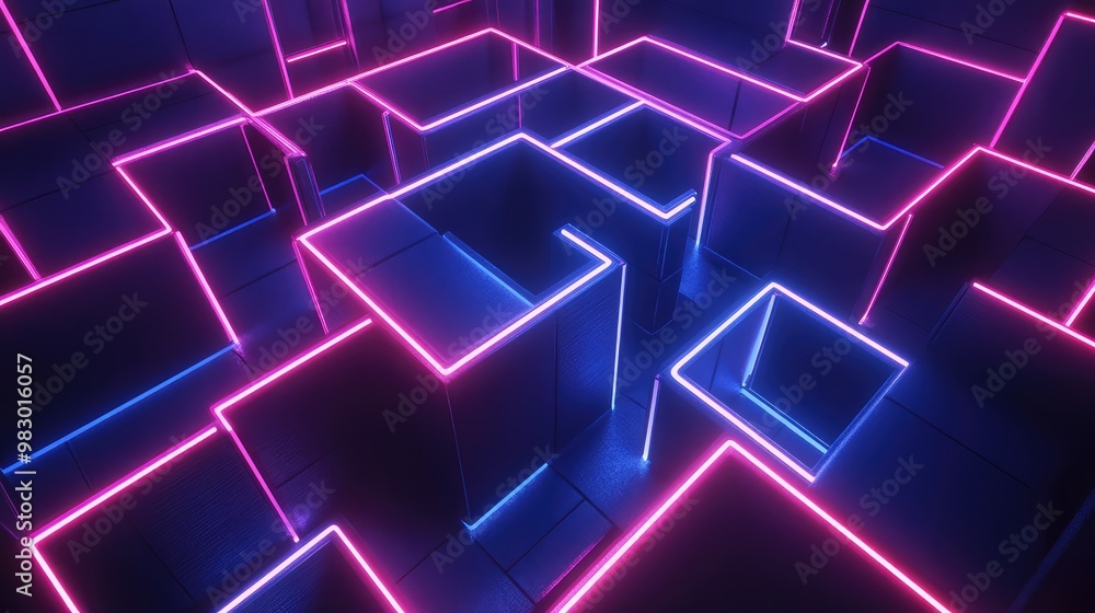 Poster a rotating 3d cube maze, with glowing neon lines tracing its edges.