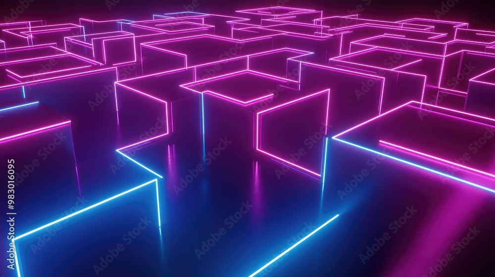 Poster a rotating 3d cube maze, with glowing neon lines tracing its edges.