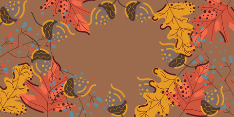 Colorful doodle autumn background with leaves, acorns and dots. Vector hand drawn multicolored illustration for business, wallpaper, backdrop, banner. Editable stroke	