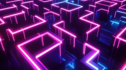 A rotating 3D cube maze, with glowing neon lines tracing its edges.