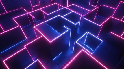 Obraz premium A rotating 3D cube maze, with glowing neon lines tracing its edges.