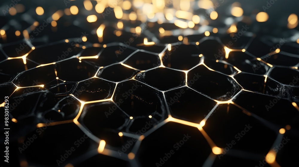 Poster a rotating 3d hexagonal lattice, glowing softly in a minimalistic dark space.