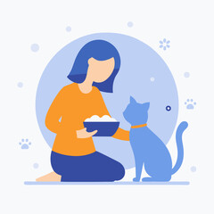 A woman is feeding a cat from a bowl. The cat is sitting on the floor next to the woman