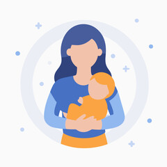 A woman holding a baby in her arms. The baby is orange and the woman is blue. Concept of warmth and love between the mother and child