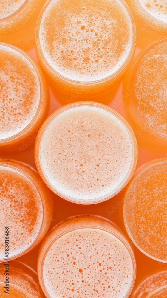 Poster aerial view of orange cocktails symmetrically arranged with geometric patterns on warm monochromatic
