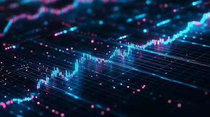 Obraz premium Futuristic Neon Data Visualization: Dynamic Financial Analytics and Technological Insights with Glowing Abstract Grid Patterns
