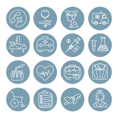 Set medical and healthcare icons in a circle. Doctor, medicine, hospital, treatment, healthcare and much more. Can be used for website design and development, as well as for printing and presentation.