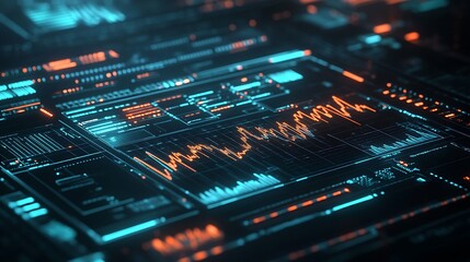 Obraz premium Futuristic Neon Data Visualization: Dynamic Financial Analytics and Technological Insights with Glowing Abstract Grid Patterns