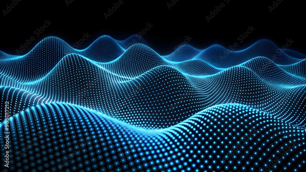 Poster technology modern background with connected dots on 3d wave landscape. data science, particles, digi