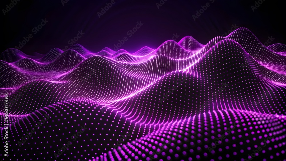 Poster technology modern background with connected dots on 3d wave landscape. data science, particles, digi