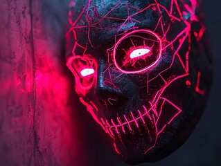 A futuristic skull with neon pink accents is mounted on a wall, creating a striking contrast against the dark background.
