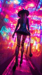 A woman in a stylish outfit walks through a vibrant, illuminated hallway filled with colorful lights, evoking a magical or whimsical atmosphere.