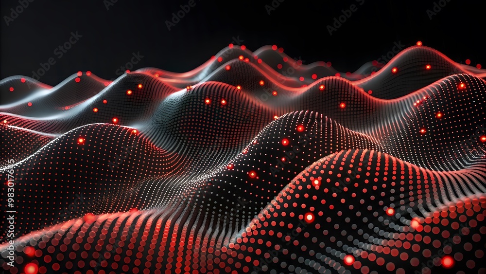 Poster technology modern background with connected dots on 3d wave landscape. data science, particles, digi