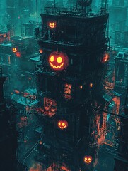 A dark, atmospheric cityscape featuring illuminated pumpkin faces on towering structures, evoking a Halloween theme.