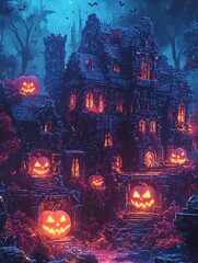 A spooky haunted house enveloped in darkness, illuminated by glowing jack-o'-lanterns under a moonlit sky, setting a perfect Halloween scene.