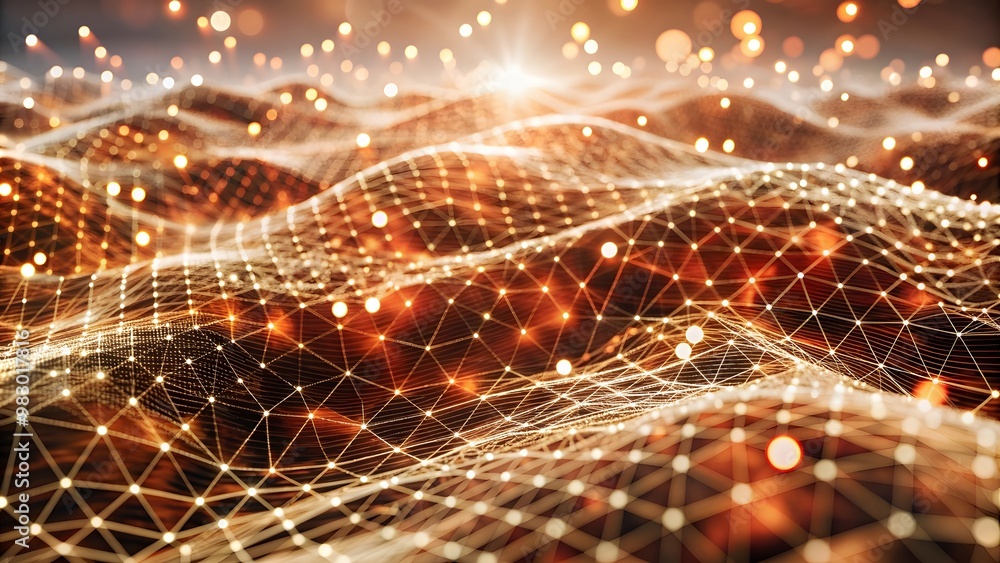 Poster technology modern background with connected dots on 3d wave landscape. data science, particles, digi