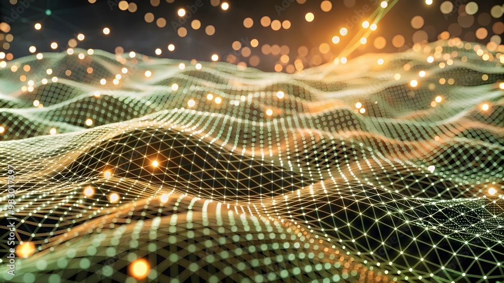 Poster technology modern background with connected dots on 3d wave landscape. data science, particles, digi