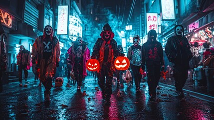 A group of costumed figures with Halloween pumpkins walk through a misty, neon-lit street, creating a spooky, festive atmosphere.