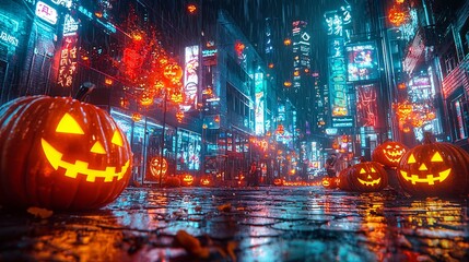 A vibrant Halloween scene featuring glowing pumpkins amidst neon-lit streets, creating a spooky yet festive atmosphere.