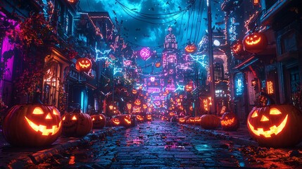 A vibrant Halloween street scene filled with glowing jack-o'-lanterns, neon lights, and a mysterious, atmospheric sky.