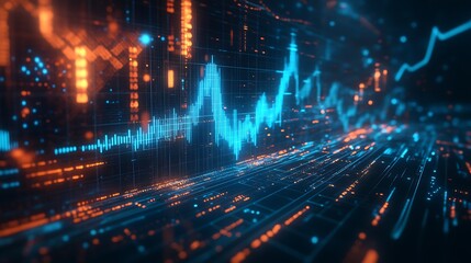 Futuristic Neon Data Visualization: Dynamic Financial Analytics and Technological Insights with Glowing Abstract Grid Patterns