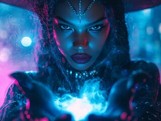 A captivating portrait of a powerful figure, exuding mystique, with glowing energy emanating from her hands against a vibrant, illuminated backdrop.