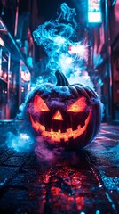 A glowing, sinister-looking jack-o'-lantern emits colorful smoke in a dark urban setting, evoking Halloween's eerie atmosphere.