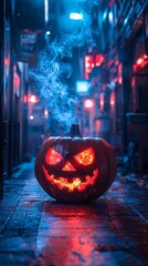 A glowing jack-o'-lantern emits an eerie light in a dimly lit alley, surrounded by colorful neon hues, evoking a spooky Halloween atmosphere.