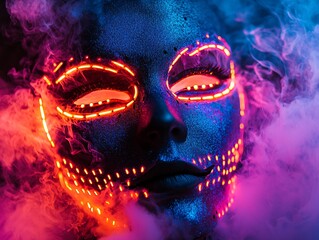 A glowing, colorful mask surrounded by vibrant fog, showcasing sparkly textures and illuminated features for an enchanting effect.