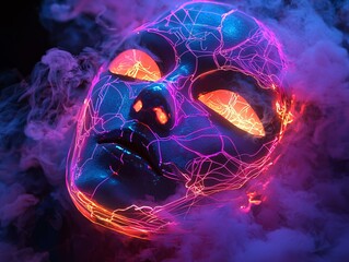 A futuristic, glowing mask radiates vibrant purple and orange lights, surrounded by a misty atmosphere, creating an otherworldly aesthetic.