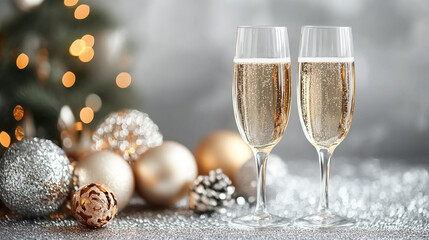 New Year's Eve celebration with champagne glasses and party decorations background