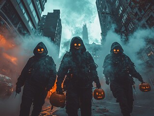 Three hooded figures with glowing pumpkin heads walk through a foggy, industrial landscape, creating a spooky Halloween atmosphere.
