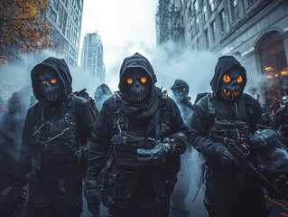 Dark figures in masks with glowing eyes march through a foggy urban street, creating an eerie and suspenseful atmosphere.