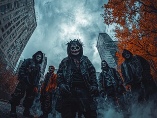A group of shadowy figures in dark attire stand beneath a moody sky, with urban buildings looming and autumn leaves contrasting in vibrant orange.
