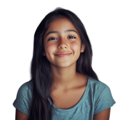 Smiling young girl with long hair wearing a blue shirt, isolated on a transparent background