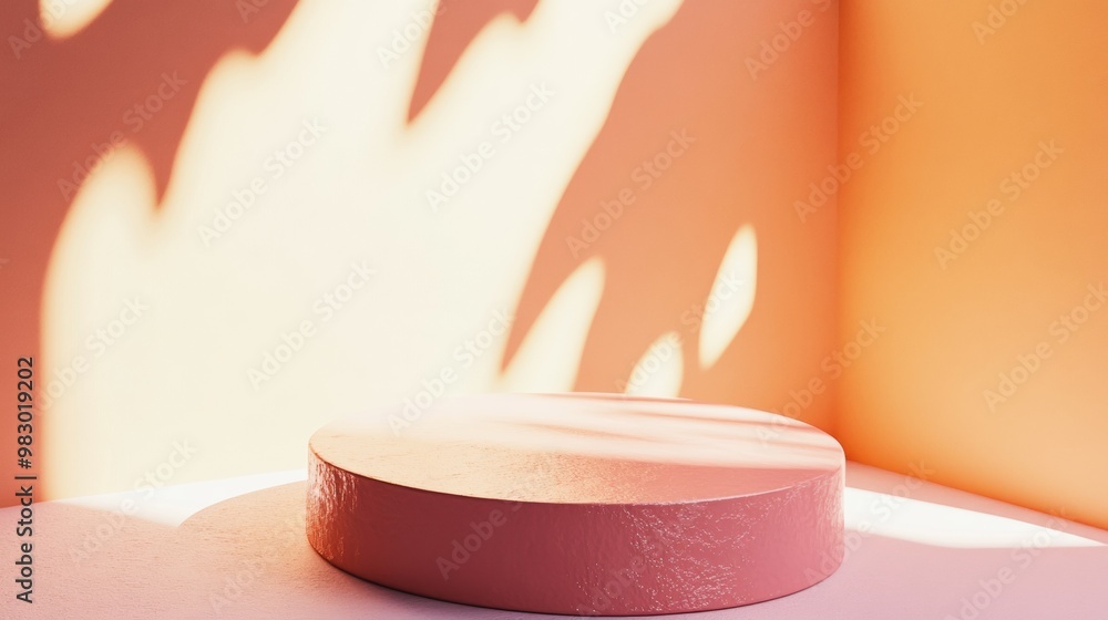 Poster minimalist neon pink podium mockup in bright white setting with sharp shadows - modern and clean mon