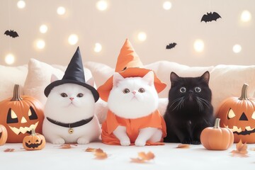 Obraz premium Halloween Cat Trio: Three adorable cats in witch costumes, posing with pumpkins and bats, capturing the playful spirit of Halloween. A delightful image for cat lovers and Halloween enthusiasts. 