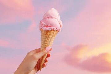 Three colorful soft serve ice cream cones against a dual-tone background. Beautiful simple AI generated image