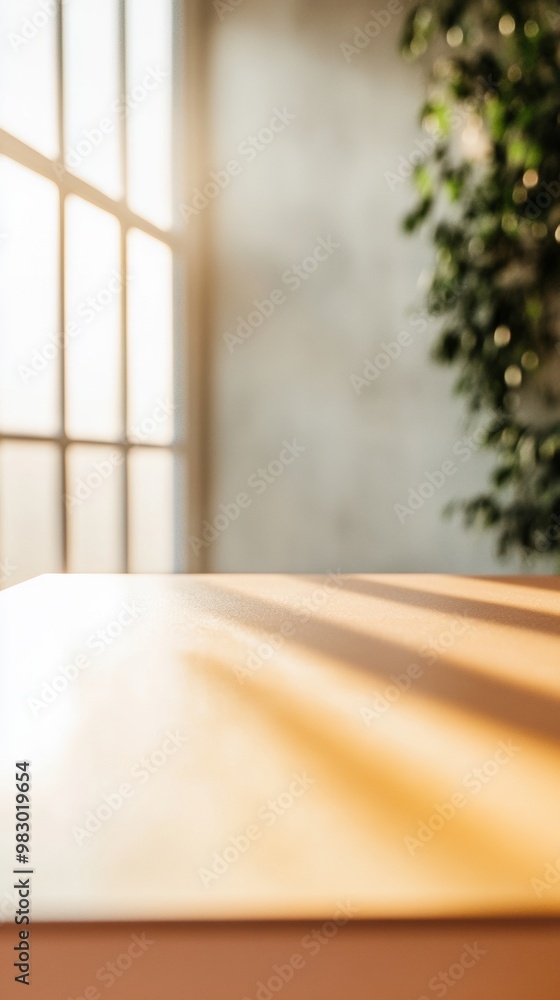 Poster Warm Pastel Orange Table Surface for Product Display in Contemporary Minimalist Setting with Soft Glow and Floral-Themed Bokeh Effect