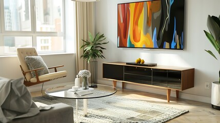A stylish modern living room featuring a cozy beige rug, a glass-top coffee table, and a flat-screen TV mounted on a wall with abstract artwork, complemented by mid-century modern furniture