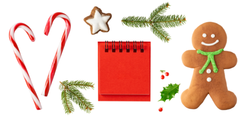 Sweet glazed gingerbread cookies, lollipop candy cane and blank red paper calendar with decor isolated on white background. Christmas pastry card. Merry Christmas decoration.