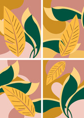 Set of Four Tropical Leaf Designs on Yellow Background Abstract Botanical Art