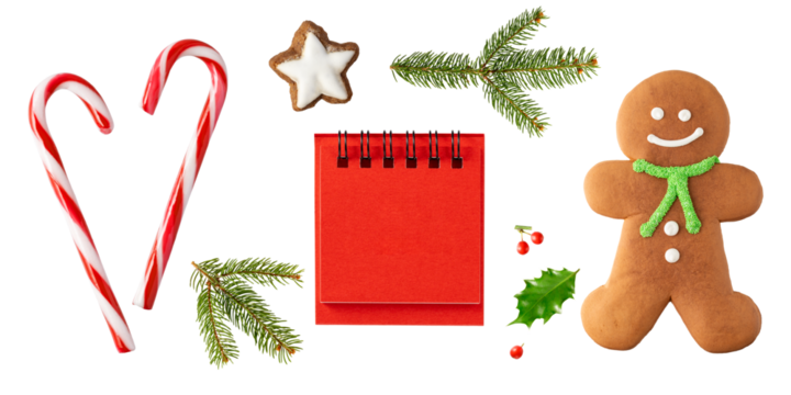 Sweet glazed gingerbread cookies, lollipop candy cane and blank red paper calendar with decor isolated on white background. Christmas pastry card. Merry Christmas decoration.