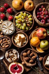 Fototapeta premium An overhead shot of a rustic table adorned with fresh fruits, nuts, and cheeses artfully arranged. Natural colours and textures create an inviting, appetizing display under soft daylight.