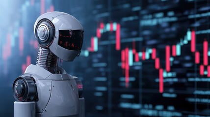 A futuristic robot analyzes stock market data with digital graphs, symbolizing technology's impact on finance and trading.