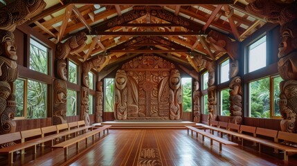Obraz premium Ornate Wooden Interior of a Traditional Religious Retreat in a Serene Forest Setting
