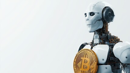 A futuristic robot holding a Bitcoin, symbolizing the intersection of technology and cryptocurrency innovation.